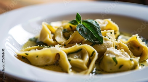  a close up of a plate of food with broccoli and ravioli in a sauce with a leafy green garnish on top.