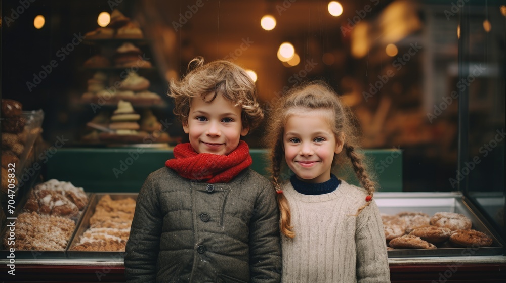 Two happy kids standing in front of bakery Two happy kids standing in front of bakery