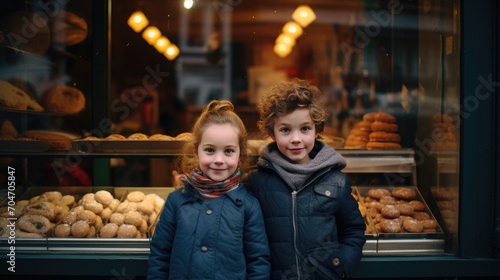 Two happy kids standing in front of bakery © Krtola 
