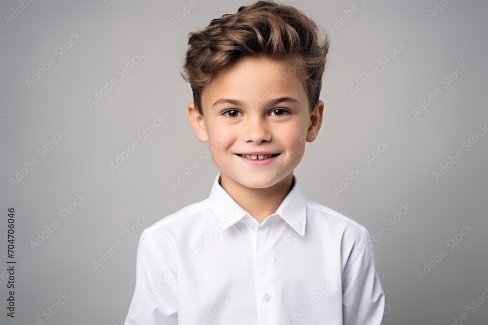 Portrait of a cute little boy in a white shirt on a gray background Portrait of a cute little boy in a white shirt on a gray background