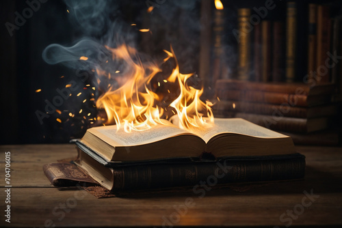 Mythical and mysterious magical book burning in a haunted and scary room