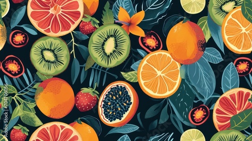  a picture of a bunch of fruit on a black background with oranges, kiwis, lemons, and pomegranates. © Anna