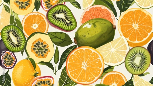  a painting of oranges, kiwis, lemons, and limes with leaves on a white background.