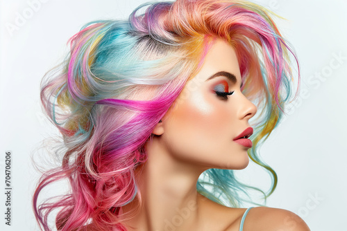 Woman with rainbow hair color, hair salon professional photography, professional portrait. Beauty industry, make up artist.