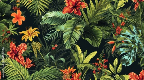  a bunch of tropical plants and flowers on a black background with red, yellow, green, and orange flowers. © Anna