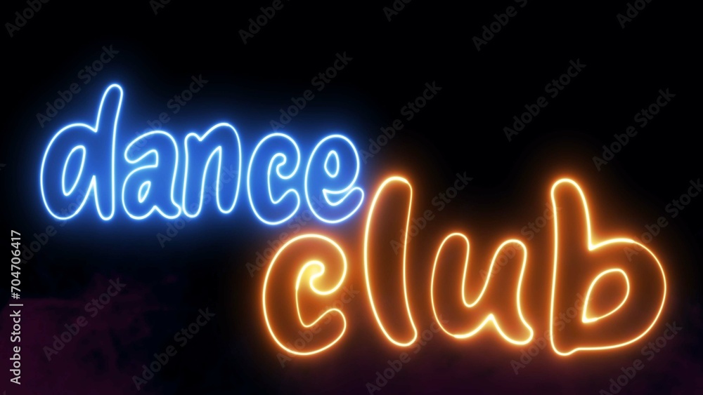 Dance Club text font with neon light. Luminous and shimmering haze inside the letters of the text Dance Club. Dance Club neon sign. 