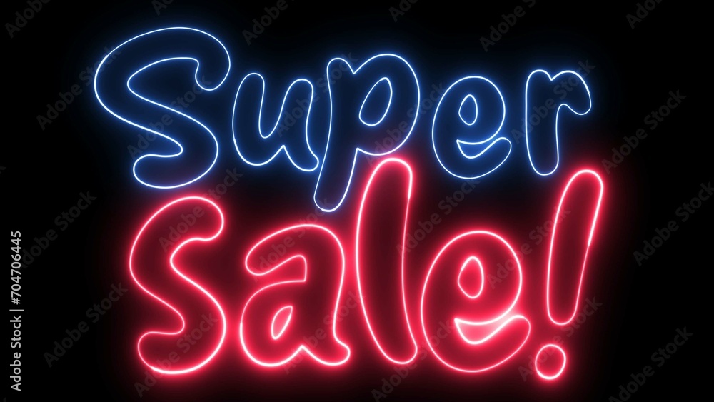 Super Sale text font with neon light. Luminous and shimmering haze inside the letters of the text Super Sale. Super Sale neon sign. Super Sale text font with neon light. Luminous and shimmering haze inside the letters of the text Super Sale. Super Sale neon sign.
