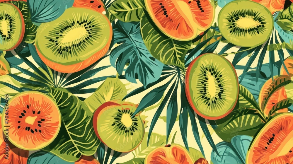 a bunch of sliced kiwis sitting on top of a leafy green and yellow background with palm leaves. a bunch of sliced kiwis sitting on top of a leafy green and yellow background with palm leaves.