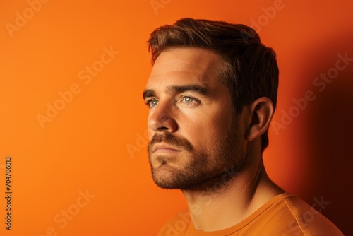 Portrait of a handsome young man on orange background. Men's beauty, fashion.
