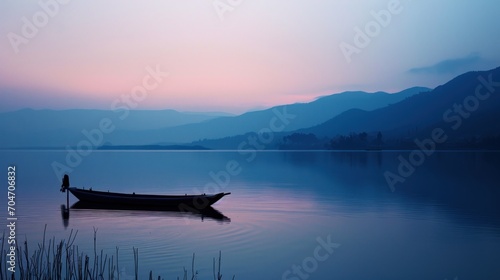  a small boat floating on top of a lake next to a lush green hillside under a purple and blue sky. © Anna