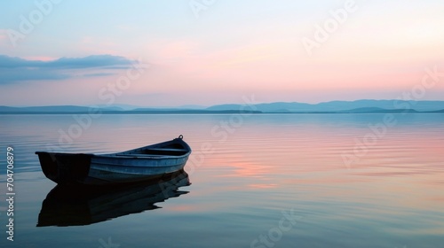  a small boat floating on top of a large body of water under a pink and blue sky with mountains in the distance.