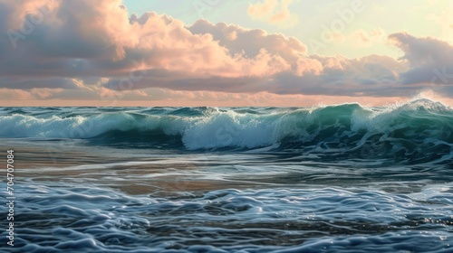  a painting of a wave in the ocean with a sky in the background and clouds in the sky over the water.