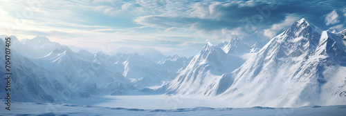 a snowy landscape with snow covered mountains, generative AI