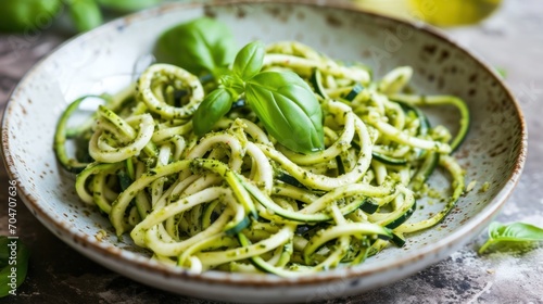  a close up of a bowl of food with broccoli noodles and pesto on the top of it.