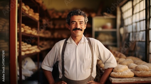 Mexican middle age male standing in front of bakery