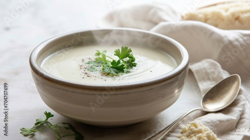  a bowl of soup with a garnish of parsley sits on a table next to a piece of bread.