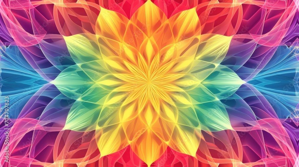  a multicolored image of a flower on a red, yellow, green, blue, and pink background.