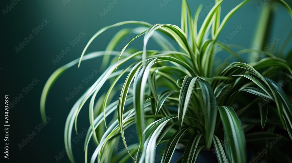 Fototapeta premium a close up of a green plant with long thin green leaves on a dark green background with a dark green wall in the background.