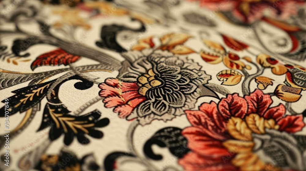 a close up of a flowery pattern on a white fabric with red, yellow, and black flowers on it. a close up of a flowery pattern on a white fabric with red, yellow, and black flowers on it.