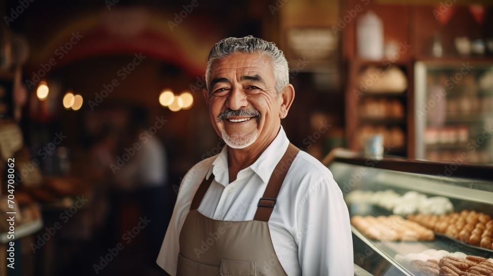 Mexican senior male standing in front of bakery Mexican senior male standing in front of bakery
