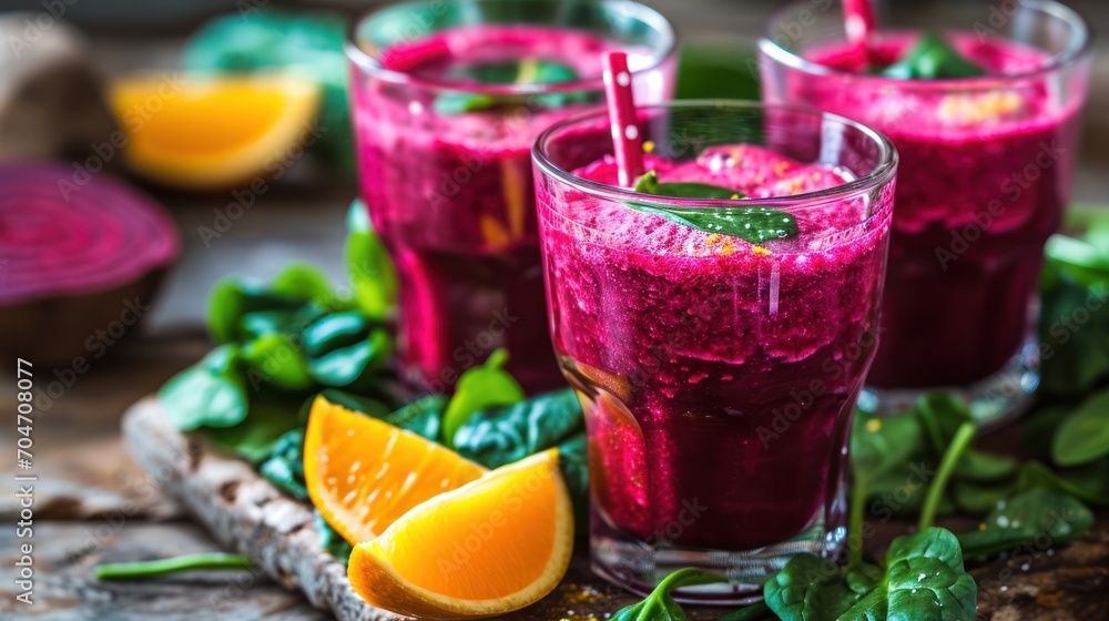 Fototapeta premium three glasses of smoothie on a table with spinach, oranges, spinach, and spinach leaves.