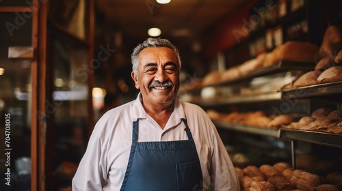 Mexican senior male standing in front of bakery