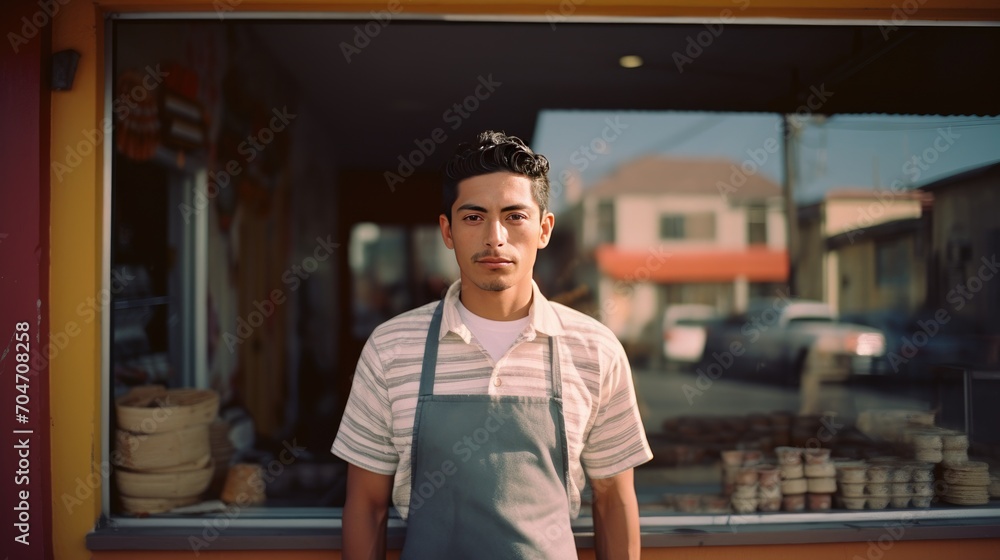 Mexican young male standing in front of bakery Mexican young male standing in front of bakery