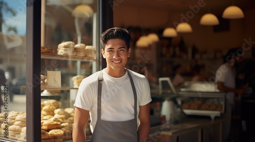 Mexican young male standing in front of bakery