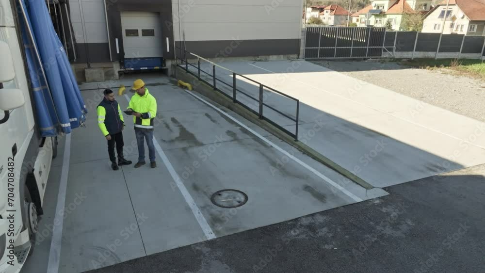 Top view of warehouse receivers unloading of the truck in front of warehouse.