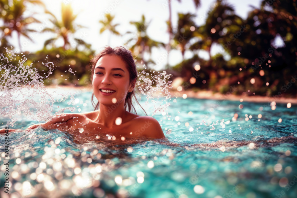 Smiling woman splashing water in swimming pool resort