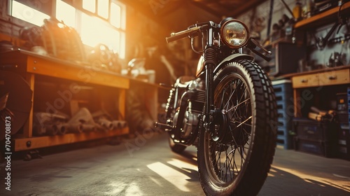Custom Bobber Motorbike Standing in an Authentic Creative Workshop. Vintage Style Motorcycle Under Warm Lamp Light in a Garage