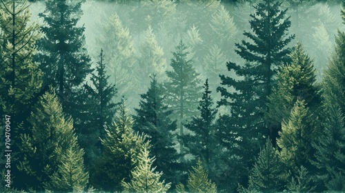  a painting of a forest with lots of trees in the foreground and a foggy sky in the background. photo