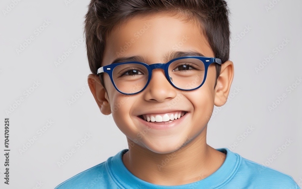 Rostro de niño latino sonriente de cabello lacio y corto, usando lentes y playera azul