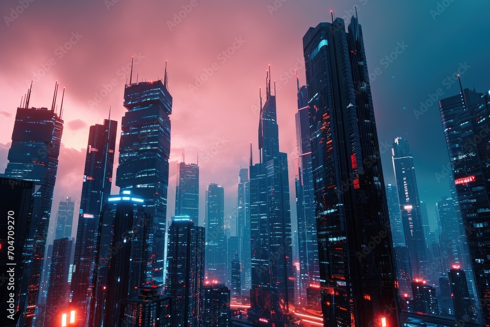 High-tech futuristic cityscape with neon lights and skyscrapers