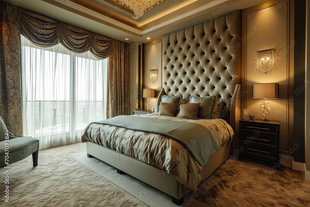 Luxurious bedroom interior with elegant decor and soft lighting