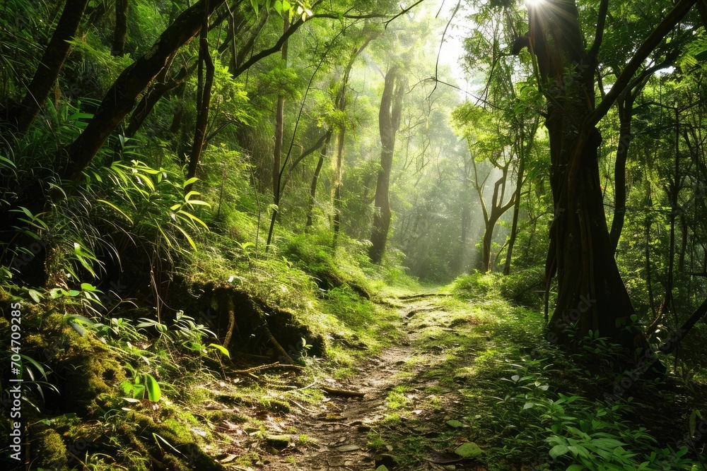 Lush green forest path with sunlight streaming through trees