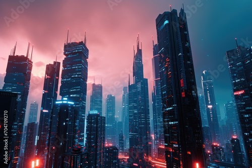High-tech futuristic cityscape with neon lights and skyscrapers