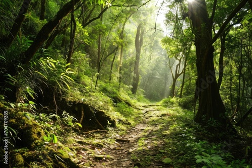 Lush green forest path with sunlight streaming through trees