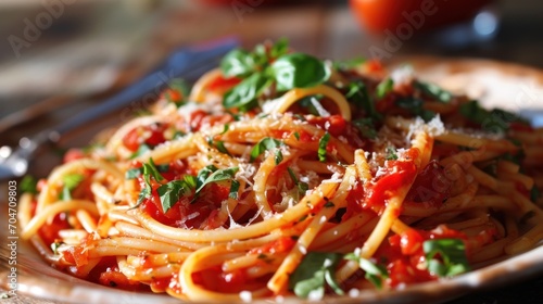  a plate of spaghetti with tomato sauce, parmesan cheese, and parsley on a plate with a fork.