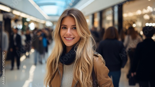 Portrait of a young blonde woman smiling in a shopping mall