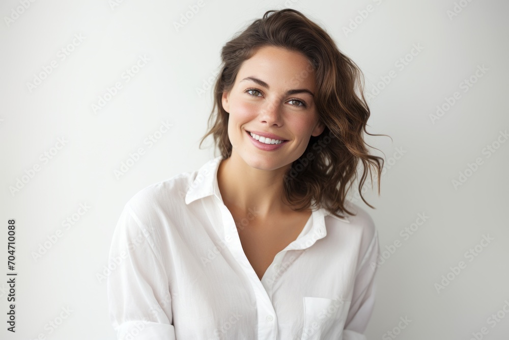 Portrait of beautiful young woman in white shirt smiling at camera. Portrait of beautiful young woman in white shirt smiling at camera.