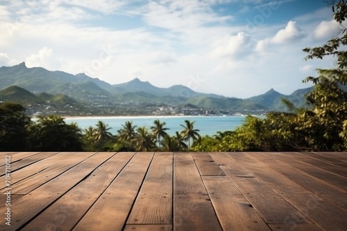 Wooden deck with a view of the tropical beach and mountains
