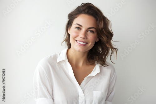 Portrait of beautiful young woman in white shirt smiling at camera.