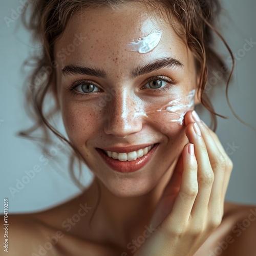 Image showing a woman's determined expression as she applies cream on her face. This image is ideal for advertising. It emphasizes skin care products and promotes a feeling of care and attention to fa
