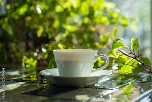 Cup of hot coffee on a table,