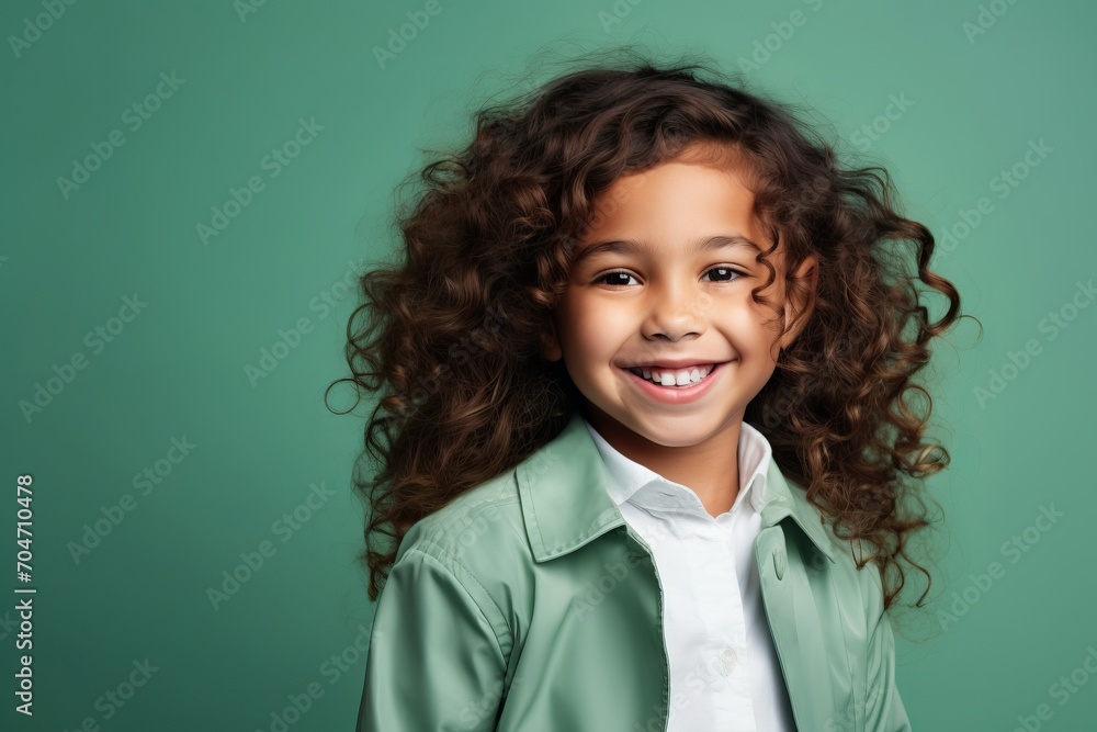 smiling little african american girl in green shirt looking at camera smiling little african american girl in green shirt looking at camera