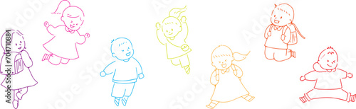 ジャンプする小学生の線画セット