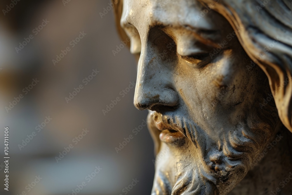 Macro of Jesus Christ's serene expression in a statue, embodying peace and spirituality. Macro of Jesus Christ's serene expression in a statue, embodying peace and spirituality.