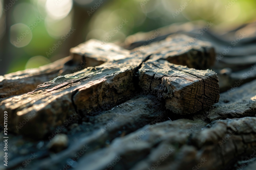 Macro shot of a rustic Jesus Christ wooden cross, symbolizing faith Macro shot of a rustic Jesus Christ wooden cross, symbolizing faith