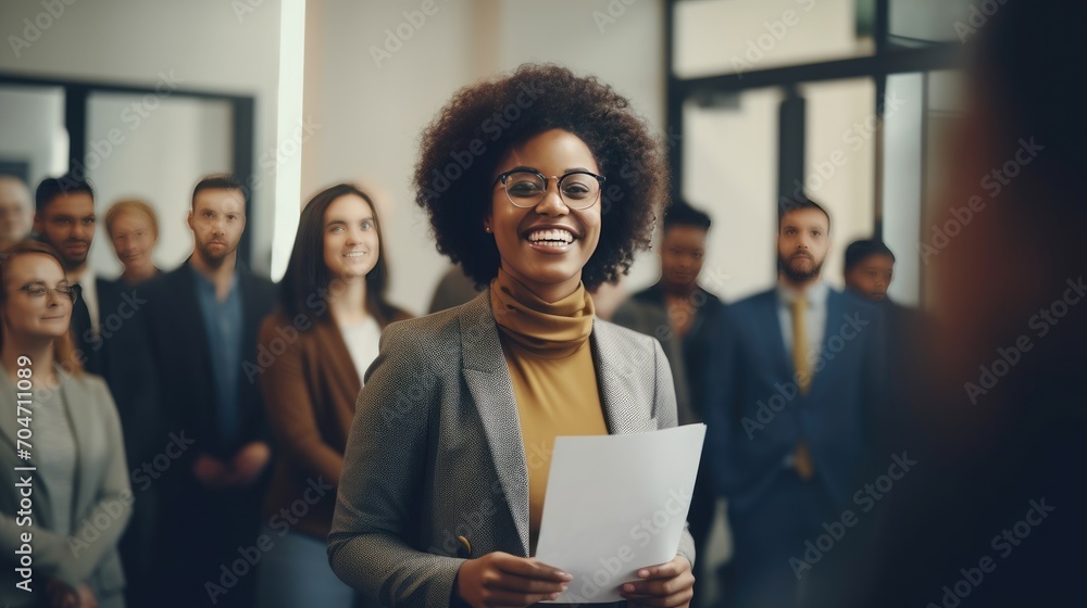 African young business woman in front of a group - obrazy, fototapety, plakaty 